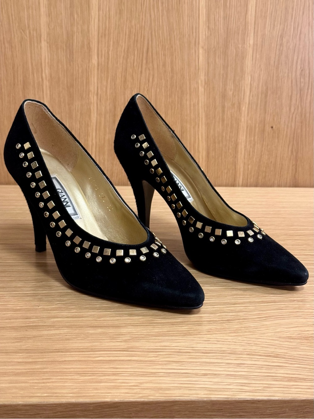 Vintage Gianni Versace Black Suede Pointed-Toe Pumps w/ Gold Studs, EU 36 / US 6